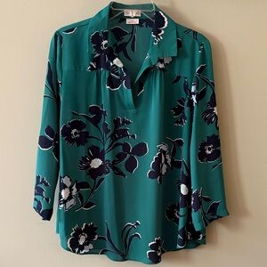 Van Heusen Teal Floral Split Collar Blouse